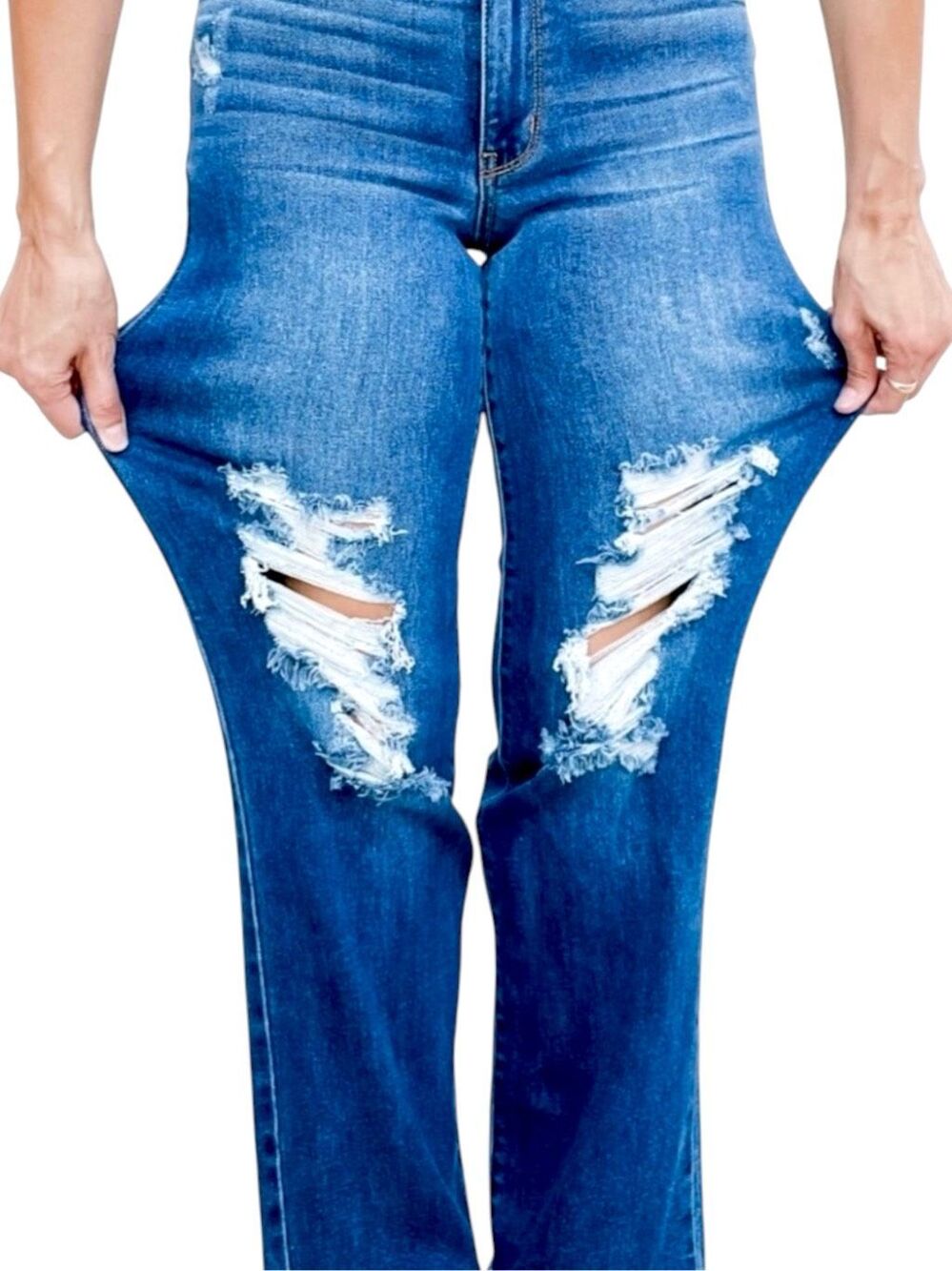 Judy Blue Dad Jeans Dark Wash Distressed Raw Hem Mid Rise Relaxed Straight NWT - Picture 7 of 15